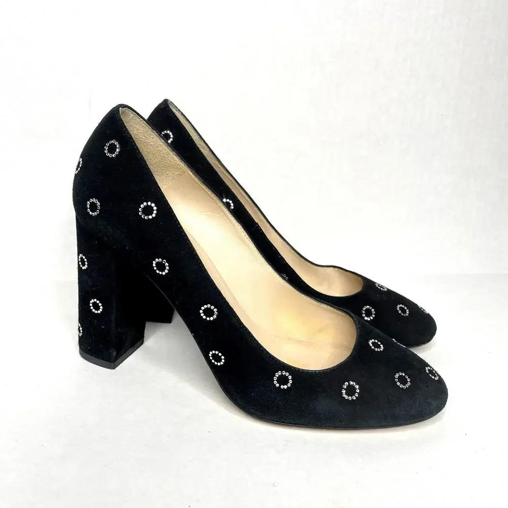 Black Suede Block Heel Pumps Size 6.5 |‎ Retro Mod Polka Dot Party Shoes Sparkly